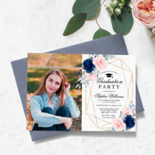 Blush Pink & Navy Blue Photo Graduation Party Invitation