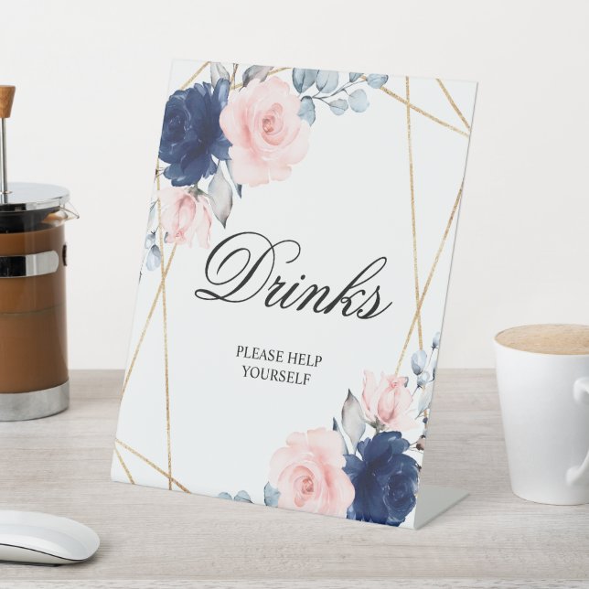 Blush Pink & Navy Blue Rose Shower Drinks Sign (In SItu)