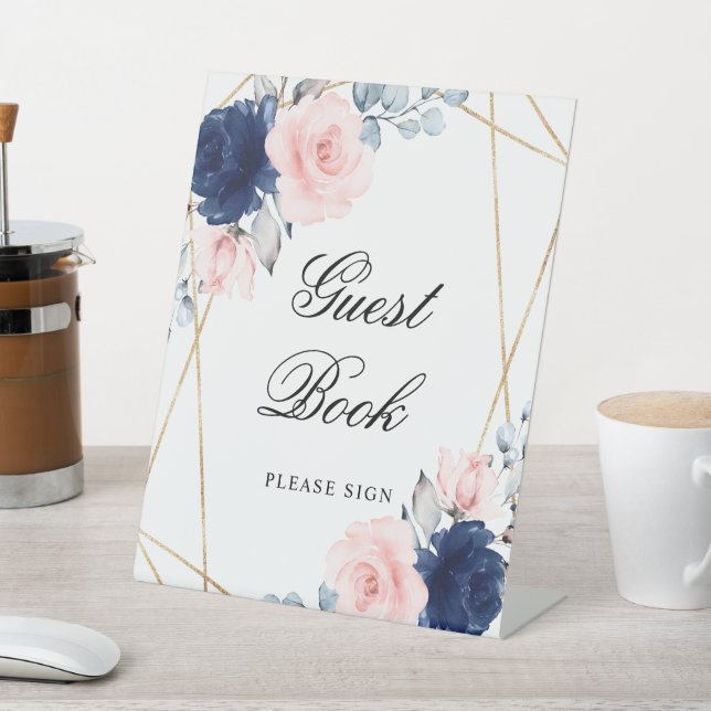 Blush Pink & Navy Blue Rose Shower Guest Book Sign (In SItu)