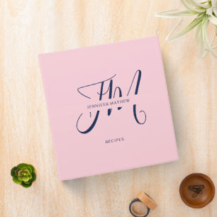 Blush Pink & Navy Blue Script Monogram Recipe Binder