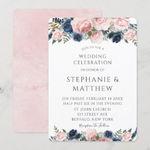 Blush Pink Navy Blue Watercolor Peony Wedding Invitation