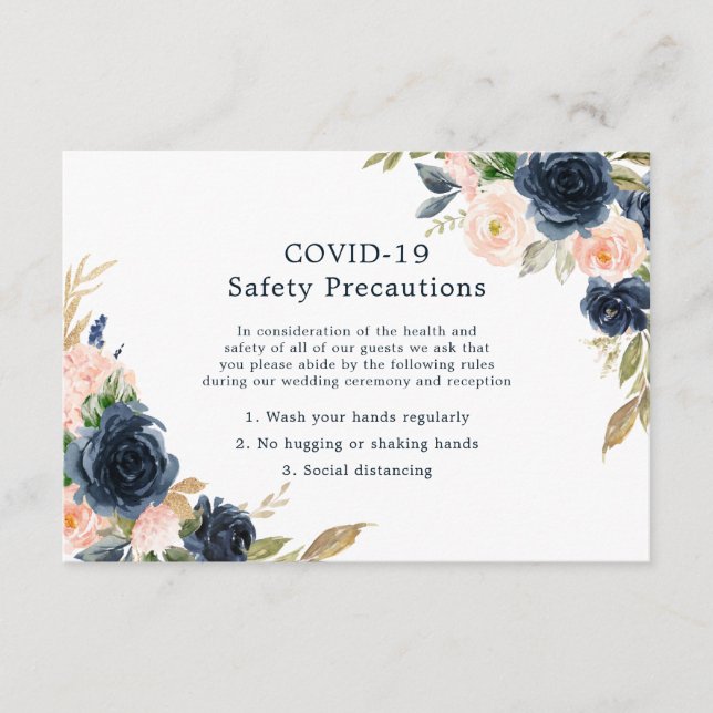 Blush Pink & Navy Elegant Wedding COVID-19 Enclosure Card (Front)