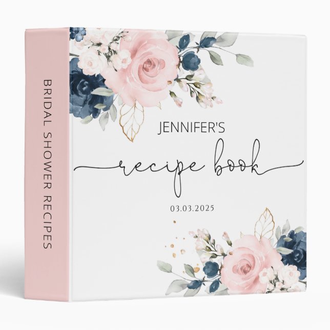 Blush pink navy Floral Bridal Shower Recipe Book Binder (Front/Spine)