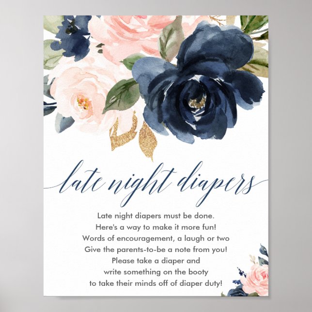 Blush pink navy floral Late night diapers sign (Front)