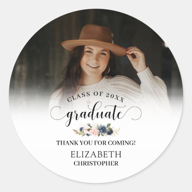 Blush Pink Navy Floral Photo Graduation Thank You Classic Round Sticker (Front)