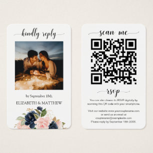 Blush Pink Navy Floral Photo QR Code Scan me RSVP