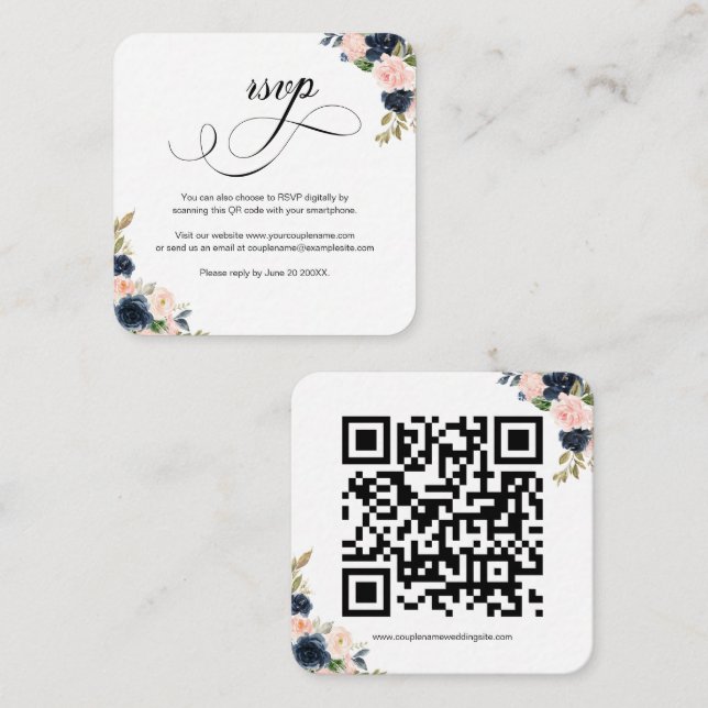 Blush Pink & Navy Floral QR Code Wedding RSVP Card (Front/Back)