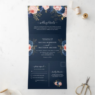 Blush Pink & Navy Florals Elegant Wedding Tri-Fold Invitation