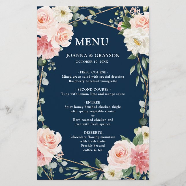 Blush Pink Navy Geometric Botanical Wedding Menu (Front)