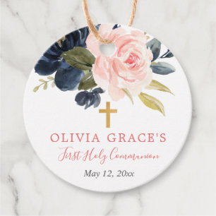 Blush pink navy gold floral first holy communion  favour tags