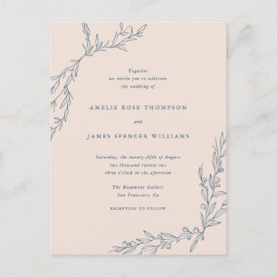 Blush Pink & Navy Hand-drawn Branches Wedding Invitation Postcard