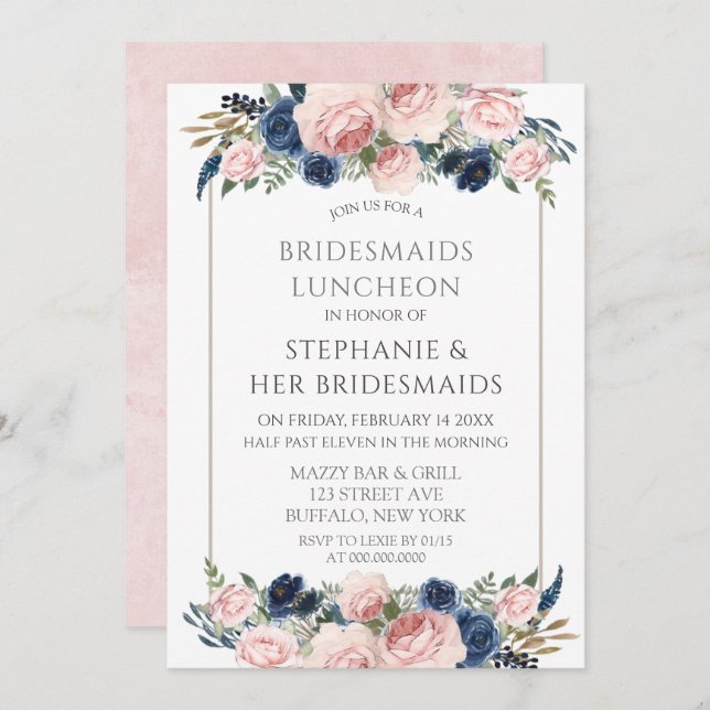 Blush Pink Navy Peony Bridesmaids Luncheon Invitation (Front/Back)