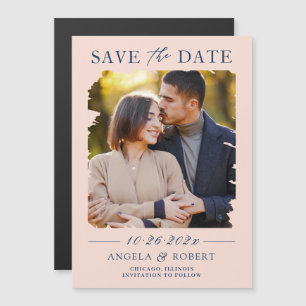 Blush Pink Navy Photo Save the Date Magnetic Card