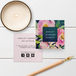 BLUSH PINK & NAVY Watercolor Floral Bouquet Square Business Card