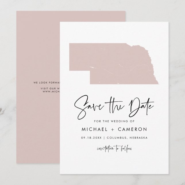 Blush Pink Nebraska Map Minimalist Script Wedding Save The Date (Front/Back)