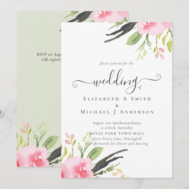 Blush Pink Olive Quality Budget Wedding Invitation (Front/Back)