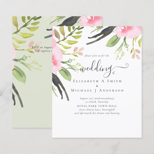 Blush Pink Olive Quality Budget Wedding Invitation (Front/Back)