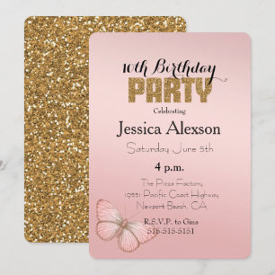 Blush Pink Ombre Butterfly Gold Glitter Invitation