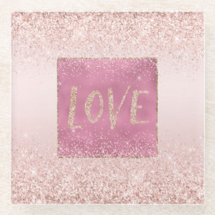 Blush Pink Ombre Glitzy Glitter Sparkle Love Glass Coaster