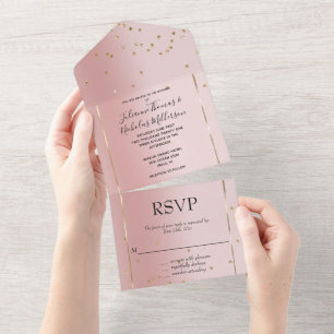 Blush Pink Ombre Gold Glam Confetti Wedding All In One Invitation