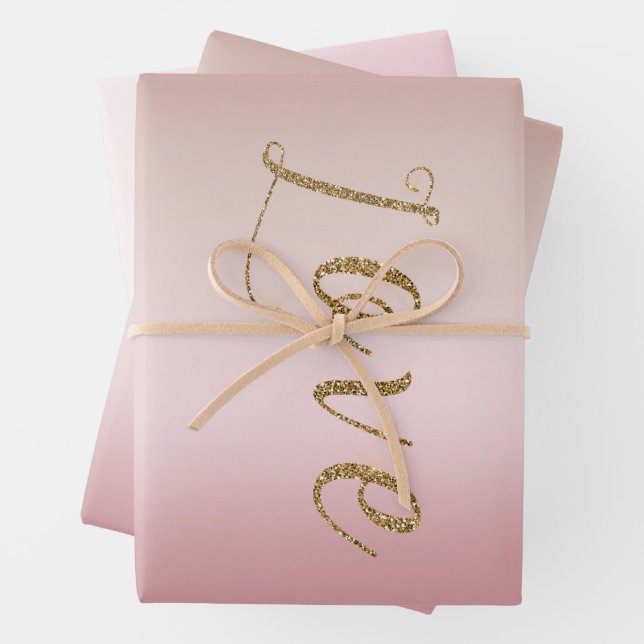 Blush Pink Ombre Gold Glam Glitter Love Wrapping Paper Sheet (In situ)
