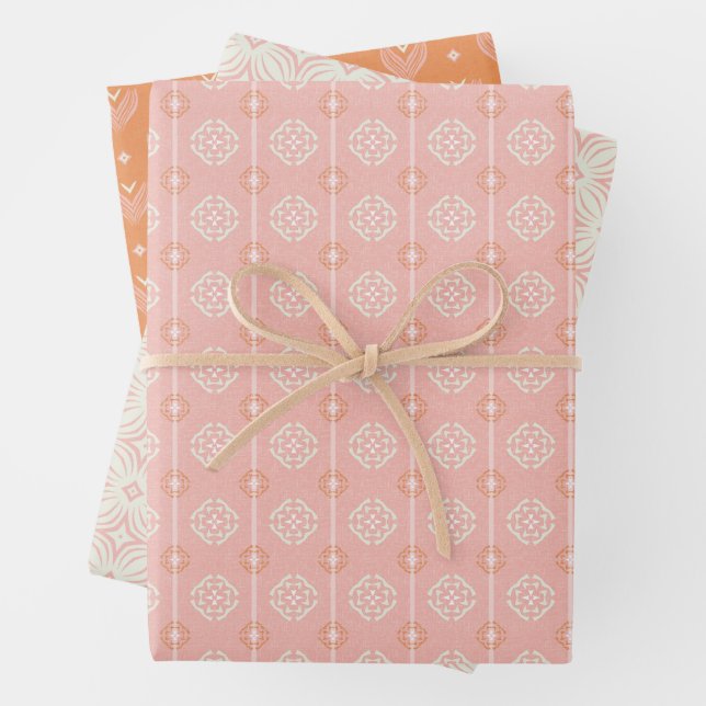 Blush Pink & Orange 2 Set of Floral Wrapping Paper (In situ)