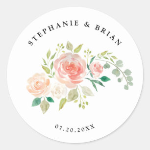 Blush Pink orange floral watercolor wedding Classic Round Sticker