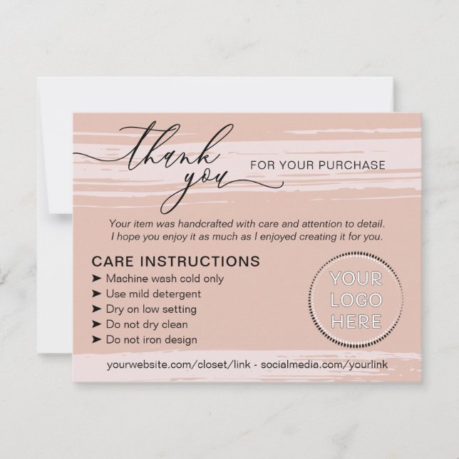 Blush Pink Orange Small Business Instructions Care Thank You Card (Front)