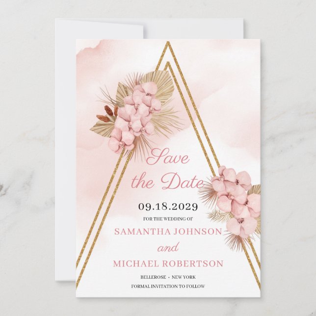 Blush Pink Orchid Faux Gold Arch and Dried Palm  Save The Date (Front)
