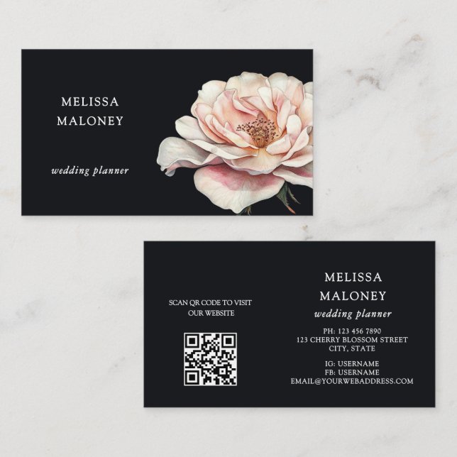 Blush Pink Painted Rose Black Business Card (Front/Back)