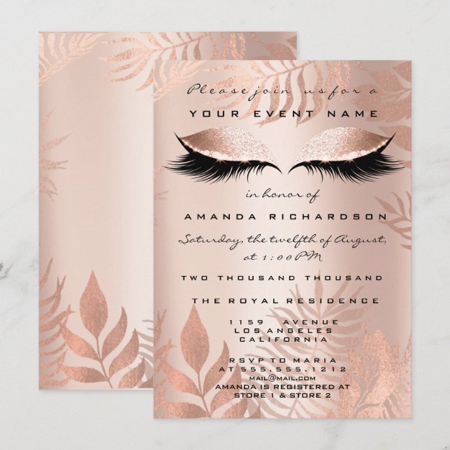 Blush Pink Palm EyesGlitter Copper 16th Bride Invitation (Front/Back)