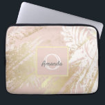 Blush pink palm tree leaves monogram laptop sleeve<br><div class="desc">An elegant,  modern tropical summer abstract pattern.  Rustic rose gold background,  and white palm tree leaves.  Decorated with faux gold brush strokes.  Add your name and monogram letter.</div>