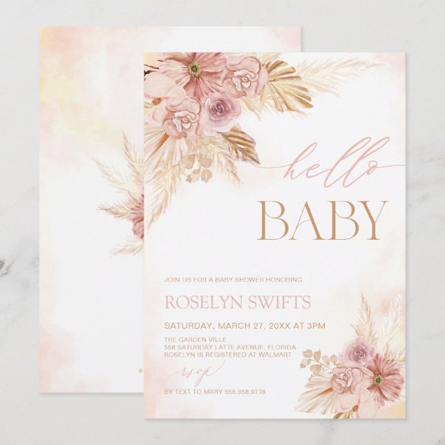 Blush Pink Pampas Floral Hello Baby Shower Invites (Front/Back)