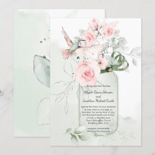 Blush Pink Pastel Green Roses Mason Jar Wedding Invitation