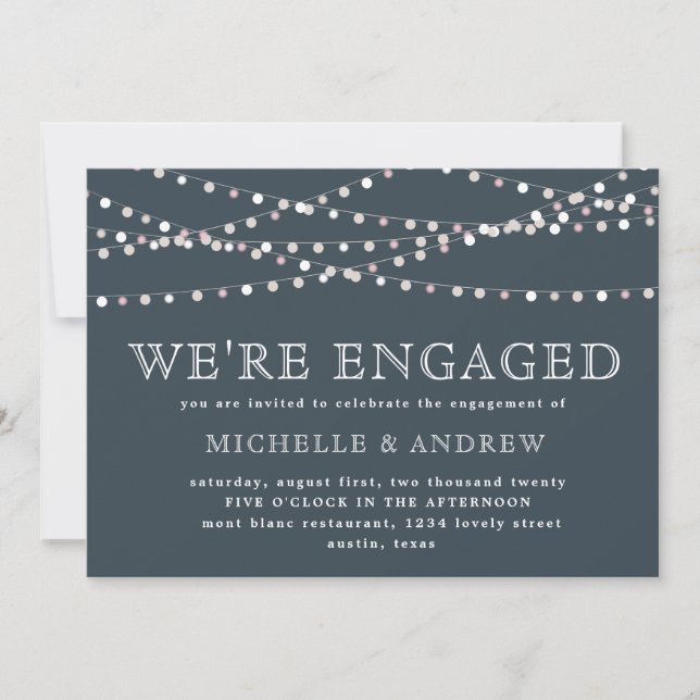 blush pink pastel string lights engagement invitation (Front)