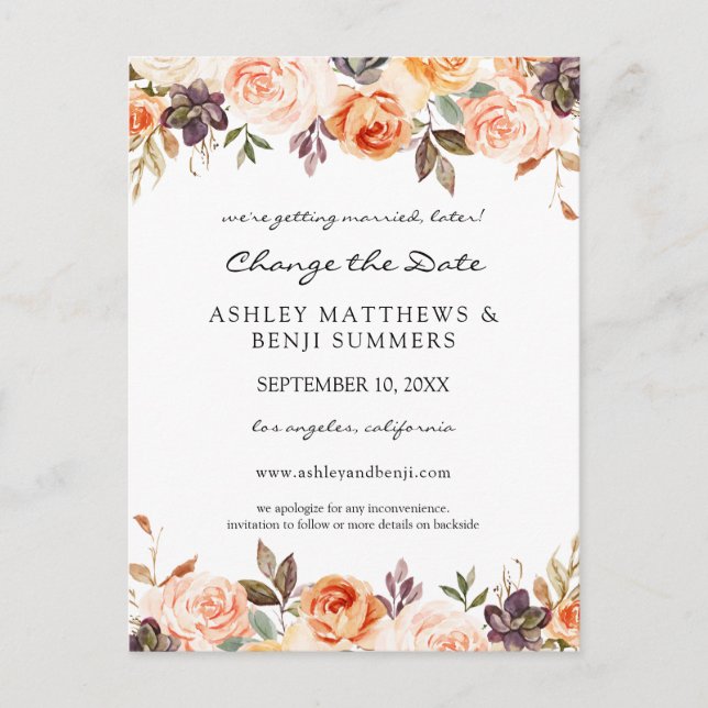 Blush Pink & Peach Floral Changer la date Carte po (Devant)