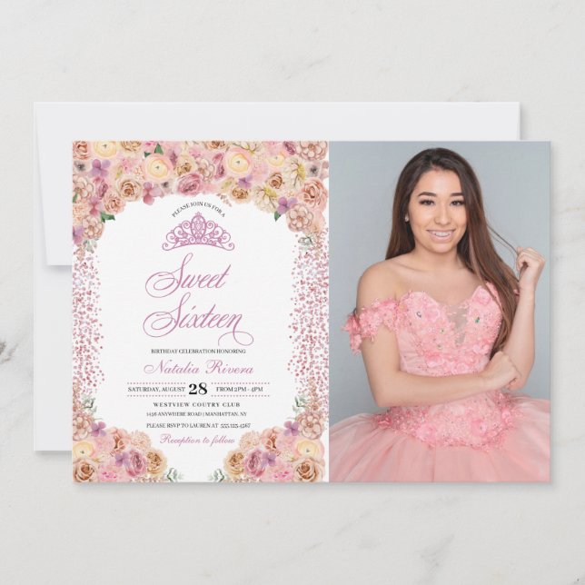 Blush Pink Peach Floral Sweet Sixteen Birthday Invitation (Front)