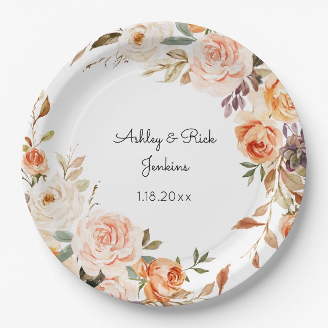 Blush Pink & Peach Floral Wedding Paper Plate (Front)