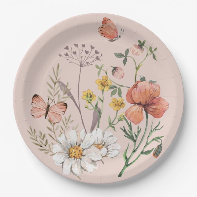 Blush Pink Peach Floral Wildflower Round Paper Plate (Front)