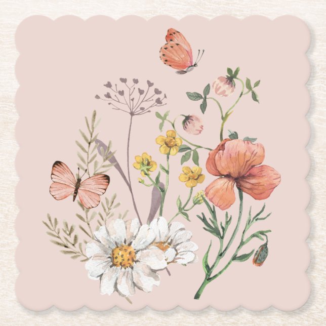 Blush Pink Peach Floral Wildflower Square Paper Coaster (Front)