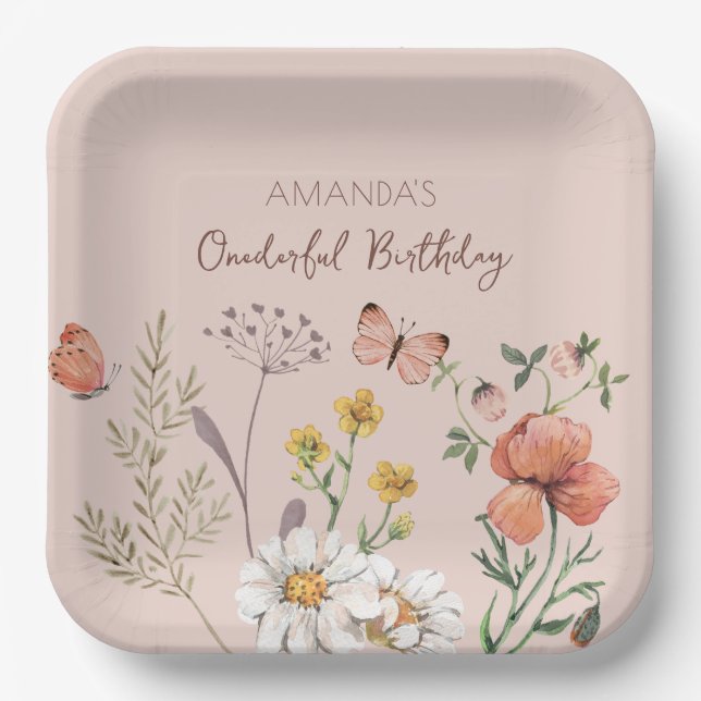 Blush Pink Peach Floral Wildflower Square Paper Plate (Front)