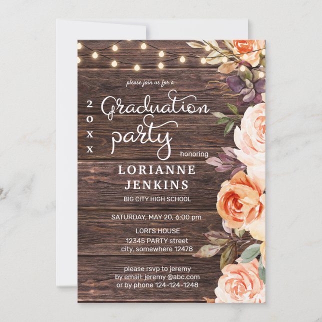 Blush Pink & Peach Floral Wood Graduation Invitation (Front)