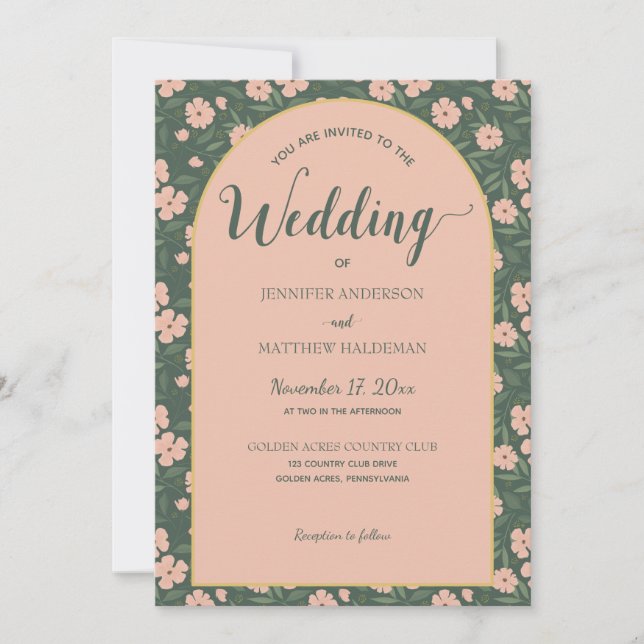 Blush Pink, Peach, Green Arch Shape Wedding Invitation (Front)