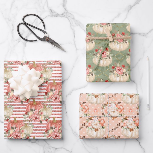 Blush Pink Peach Green Pumpkin Gifts Favour Wrapping Paper Sheet (Front)