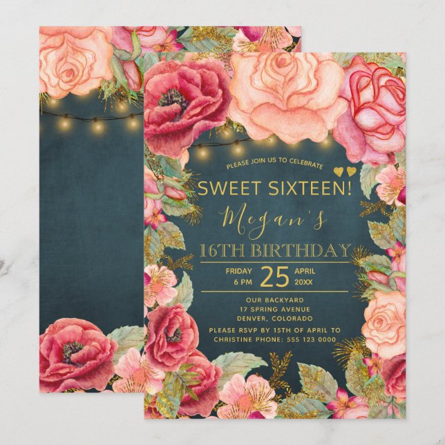 Blush pink peach navy gold string lights sweet 16 invitation (Front/Back)