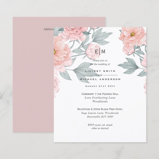 Blush Pink Peach PEONIES Wedding Invite Reception (Front/Back)