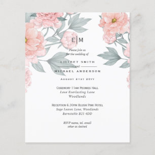 Blush Pink Peach PEONIES Wedding Invite Reception Flyer