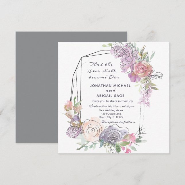 Blush Pink Peach Purple Floral Geometric Wedding Invitation (Front/Back)