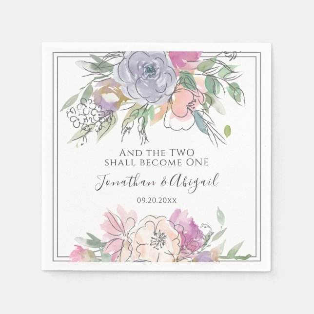 Blush Pink Peach Purple Floral Gray Frame Wedding Napkin (Front)