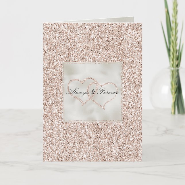 Blush Pink Peach Rose Glitter Hearts Wedding Love Card (Front)